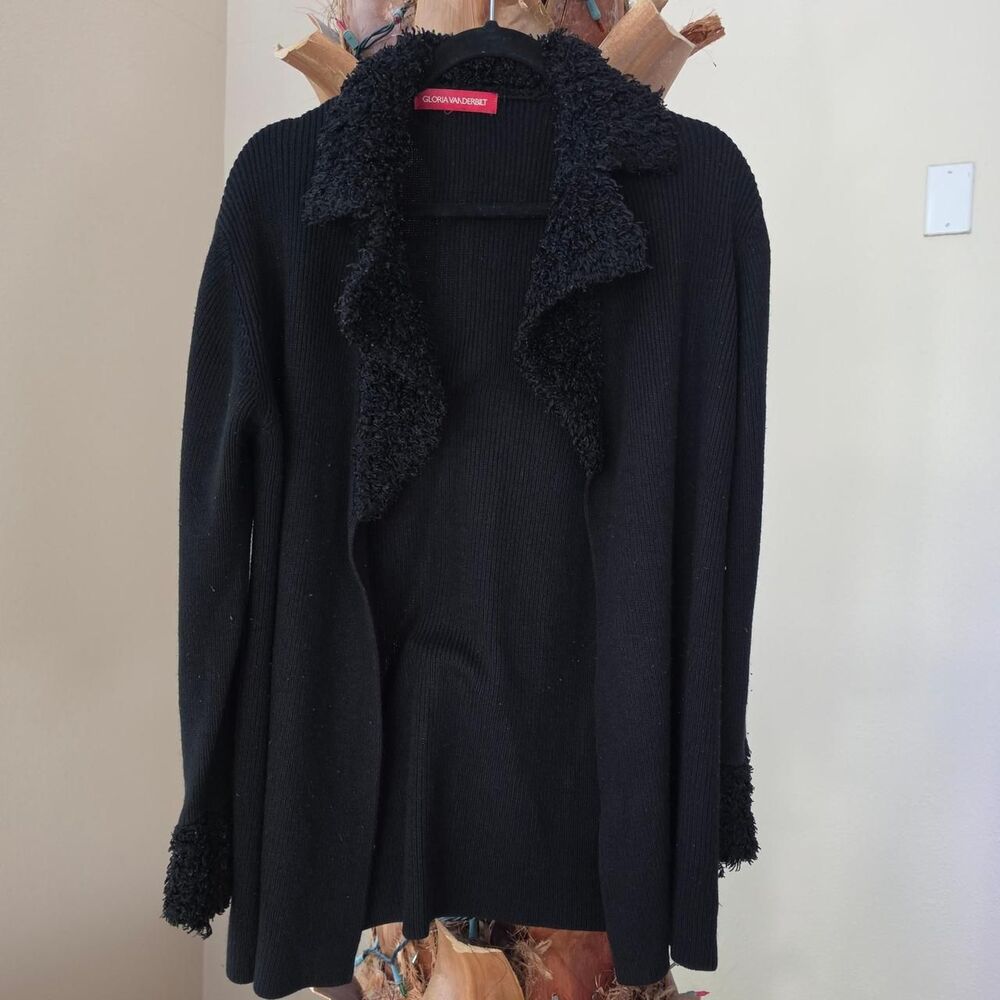 Vintage Y2k Gloria Vanderbilt Black Faux Fur Trim Cardigan
